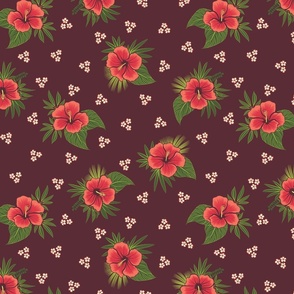 Hibiscus and Plumeria - hand drawn, scattered on dark burgundy - Size S (other sizes available)