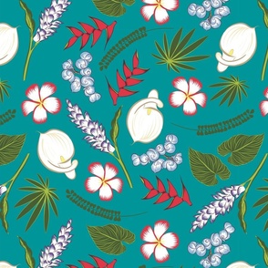 Tropical Flowers - hand drawn on Sea Blue Background - Size M